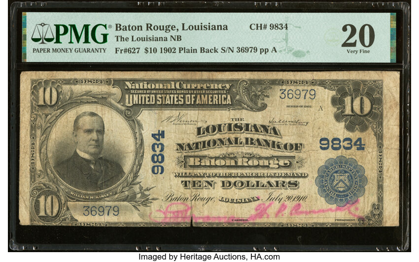 image for: Baton Rouge, LA - $10 1902 Plain Back Fr. 627 The Louisiana National Bank Ch. # 9834 PMG Very Fine 20....