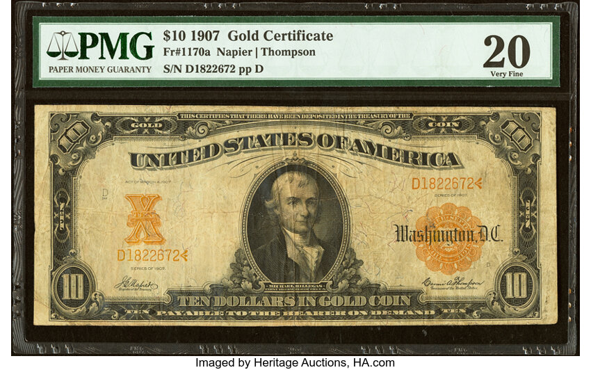 image for: Fr. 1170a $10 1907 Gold Certificate PMG Very Fine 20....