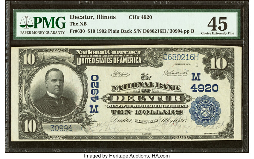 image for: Decatur, IL - $10 1902 Plain Back Fr. 630 The National Bank of Decatur Ch. # (M)4920 PMG Choice Extremely Fine 45....