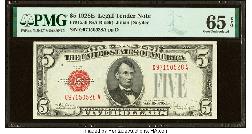 image for: Fr. 1530 $5 1928E Legal Tender Note. PMG Gem Uncirculated 65 EPQ....