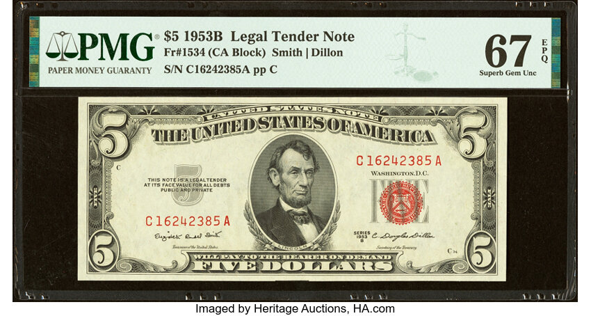 image for: Fr. 1534 $5 1953B Legal Tender Note. PMG Superb Gem Unc 67 EPQ....