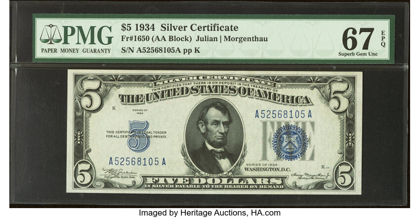 image for: Fr. 1650 $5 1934 Silver Certificate. PMG Superb Gem Unc 67 EPQ....