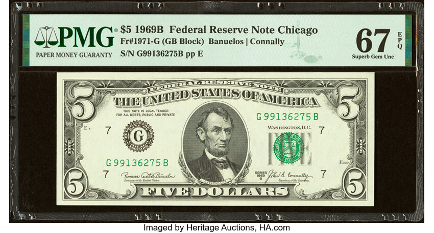 image for: Fr. 1971-G $5 1969B Federal Reserve Note. PMG Superb Gem Unc 67 EPQ....