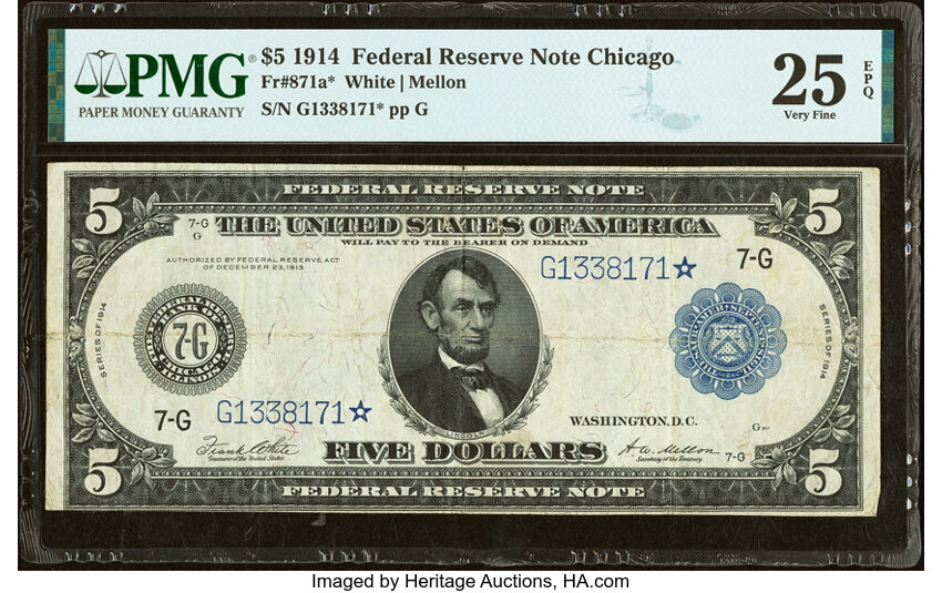 image for: Fr. 871a* $5 1914 Federal Reserve Star Note PMG Very Fine 25 EPQ....