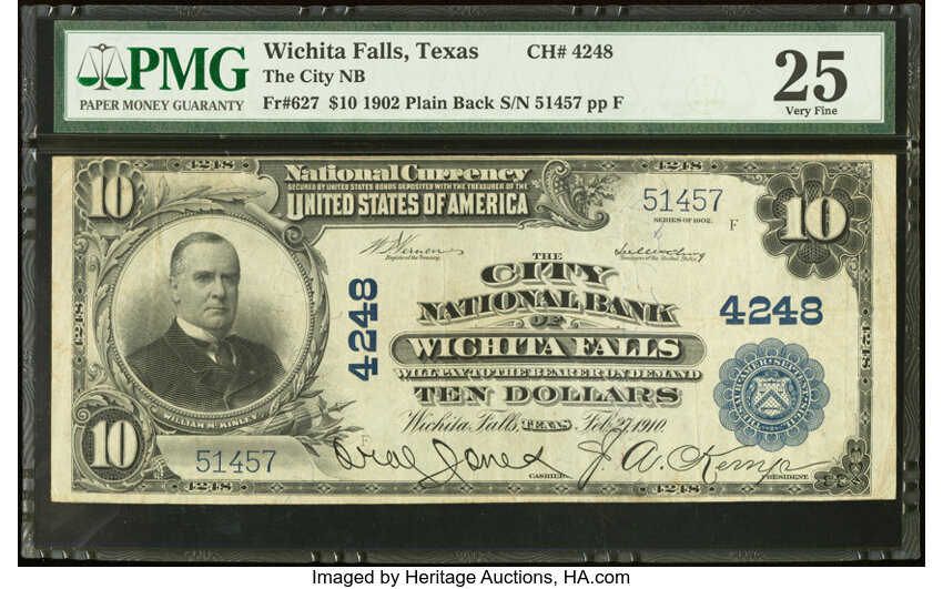 image for: Wichita Falls, TX - $10 1902 Plain Back Fr. 627 The City National Bank Ch. # 4248 PMG Very Fine 25....