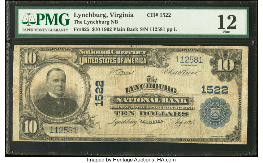 image for: Lynchburg, VA - $10 1902 Plain Back Fr. 625 The Lynchburg National Bank Ch. # 1522 PMG Fine 12....