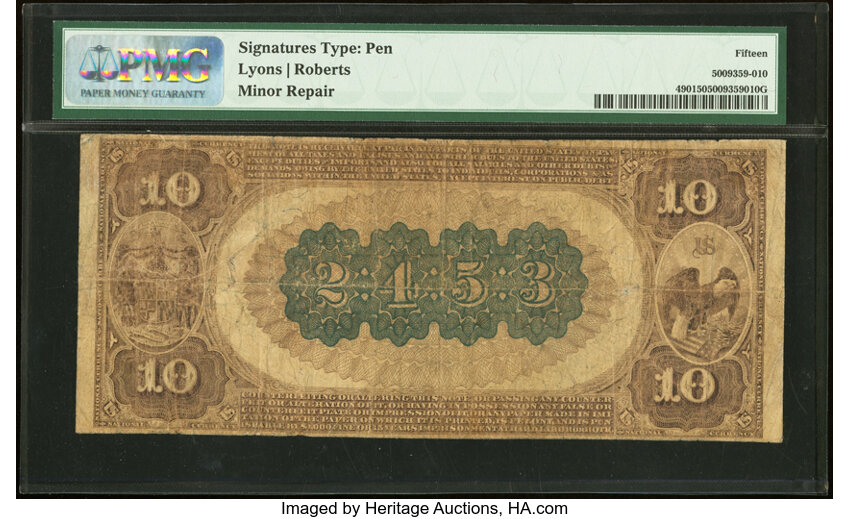 image for: Baltimore, MD - $10 1882 Brown Back Fr. 490 The National Marine Bank Ch. # (E)2453 PMG Choice Fine 15....