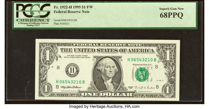 image for: Partial Descending Ladder Serial Number 06543210 Fr. 1922-H $1 1995 Federal Reserve Note. PCGS Superb Gem New 68PPQ....