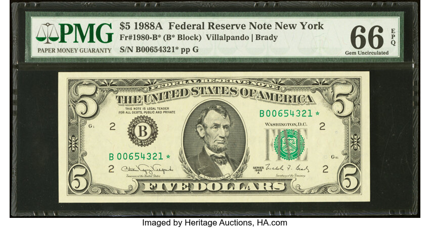 image for: Partial Descending Ladder Serial Number 00654321 Fr. 1980-B* $5 1988A Federal Reserve Star Note. PMG Gem Uncirculated 66 EPQ....