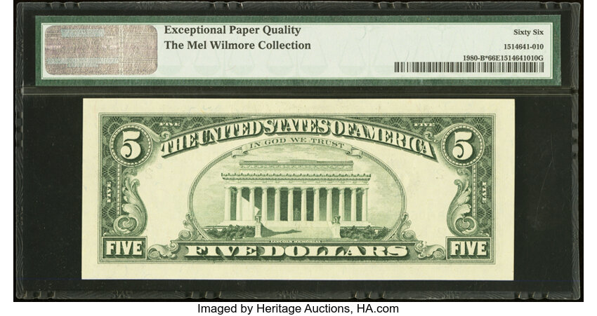 image for: Partial Descending Ladder Serial Number 00654321 Fr. 1980-B* $5 1988A Federal Reserve Star Note. PMG Gem Uncirculated 66 EPQ....