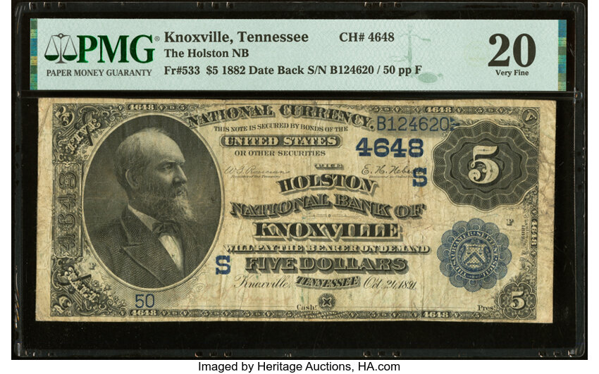 image for: Knoxville, TN - $5 1882 Date Back Fr. 533 The Holston National Bank Ch. # (S)4648 PMG Very Fine 20....