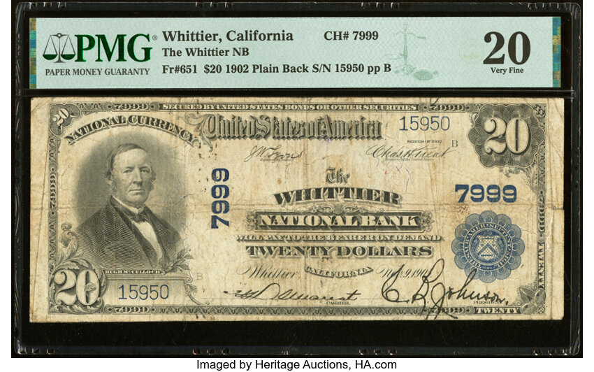 image for: Whittier, CA - $20 1902 Plain Back Fr. 651 The Whittier National Bank Ch. # 7999 PMG Very Fine 20....