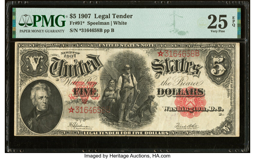 image for: Fr. 91* $5 1907 Legal Tender Star Note PMG Very Fine 25 EPQ....
