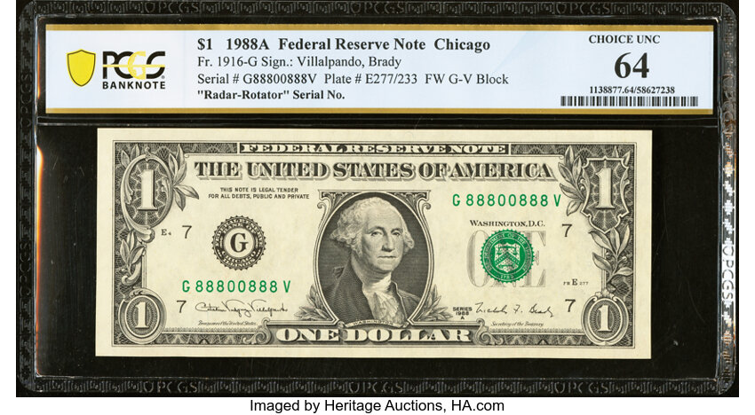image for: Radar-Rotator Serial Number 88800888 Fr. 1916-G $1 1988A Federal Reserve Note. PCGS Banknote Choice Unc 64....