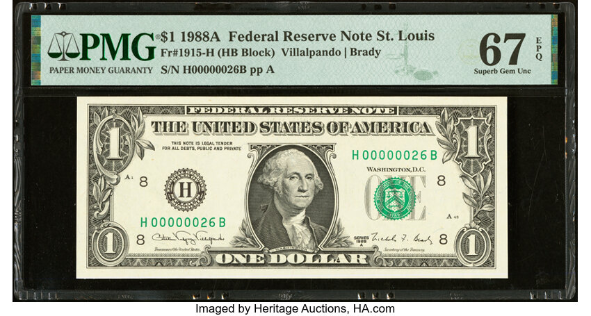 image for: Low Serial Number 26 Fr. 1915-H $1 1988A Federal Reserve Note. PMG Superb Gem Unc 67 EPQ....