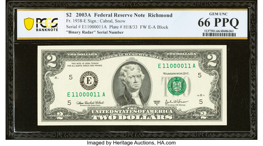 image for: Binary-Radar-Rotator Serial Number 11000011 Fr. 1938-E $2 2003A Federal Reserve Note. PCGS Banknote Gem Unc 66 PPQ....