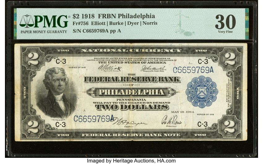 image for: Fr. 756 $2 1918 Federal Reserve Bank Note PMG Very Fine 30....