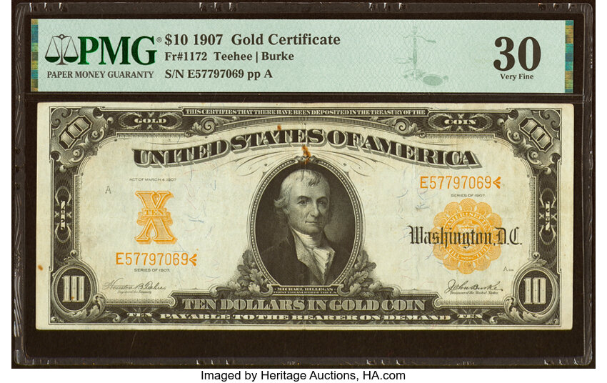 image for: Fr. 1172 $10 1907 Gold Certificate PMG Very Fine 30....