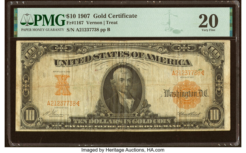 image for: Fr. 1167 $10 1907 Gold Certificate PMG Very Fine 20....