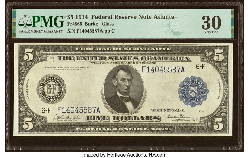image for: Fr. 865 $5 1914 Federal Reserve Note PMG Very Fine 30....