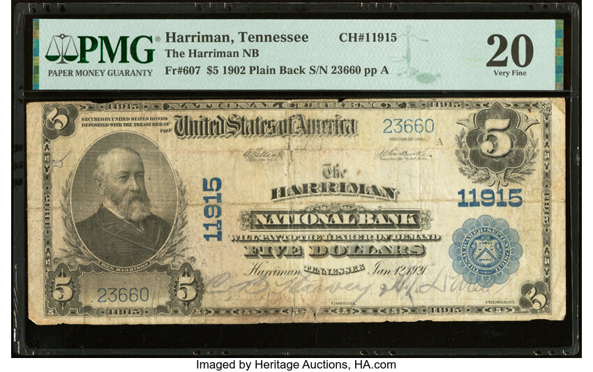 image for: Harriman, TN - $5 1902 Plain Back Fr. 607 The Harriman National Bank Ch. # 11915 PMG Very Fine 20....