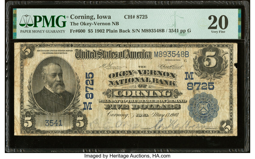 image for: Corning, IA - $5 1902 Plain Back Fr. 600 The Okey -Vernon National Bank Ch. # (M)8725 PMG Very Fine 20....