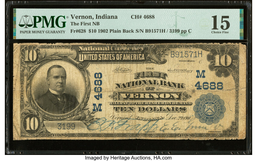 image for: Vernon, IN - $10 1902 Plain Back Fr. 628 The First National Bank Ch. # (M)4688 PMG Choice Fine 15....