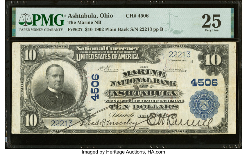 image for: Ashtabula, OH - $10 1902 Plain Back Fr. 627 The Marine National Bank Ch. # 4506 PMG Very Fine 25....