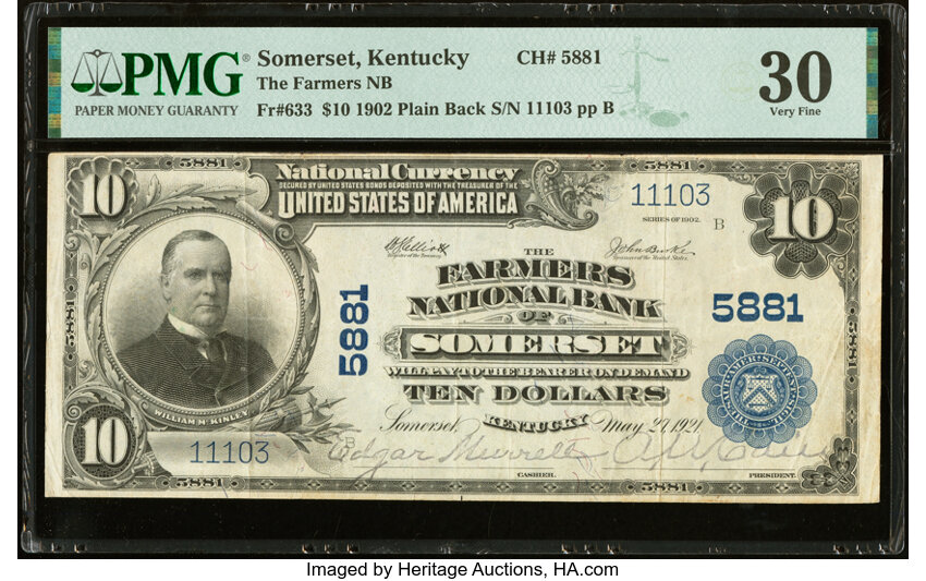 image for: Somerset, KY - $10 1902 Plain Back Fr. 633 The Farmers National Bank Ch. # 5881 PMG Very Fine 30....