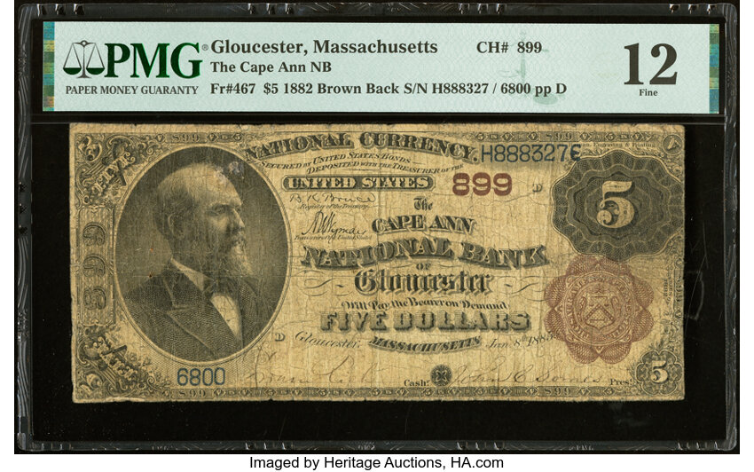 image for: Gloucester, MA - $5 1882 Brown Back Fr. 467 The Cape Ann National Bank Ch. # 899 PMG Fine 12....