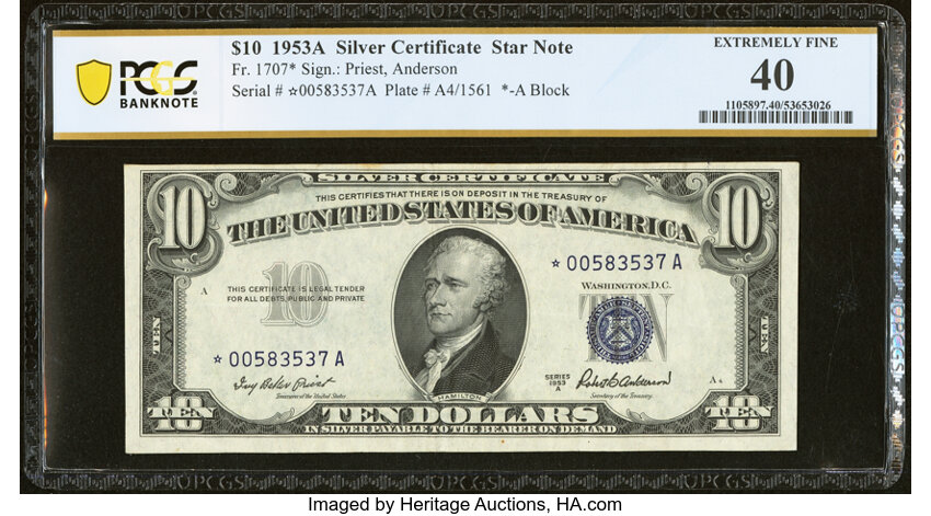 image for: Fr. 1707* $10 1953A Silver Certificate Star Note. PCGS Banknote Extremely Fine 40....