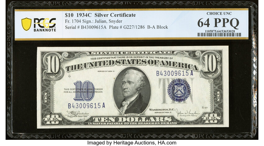 image for: Fr. 1704 $10 1934C Silver Certificate. PCGS Banknote Choice Unc 64 PPQ....