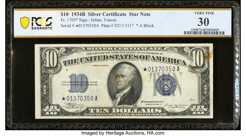 image for: Fr. 1703* $10 1934B Silver Certificate Star Note. PCGS Banknote Very Fine 30....