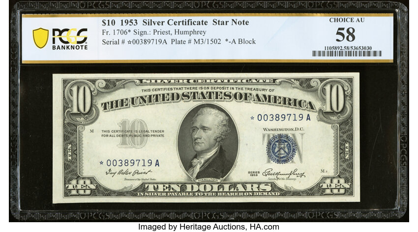 image for: Fr. 1706* $10 1953 Silver Certificate Star Note. PCGS Banknote Choice AU 58....