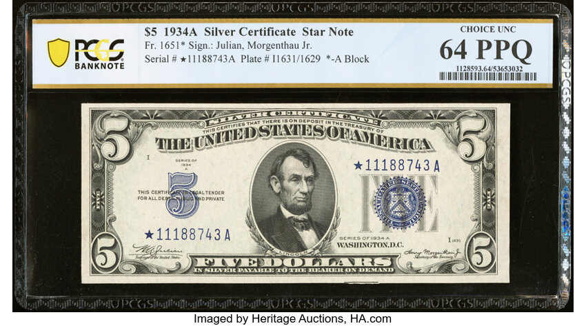 image for: Fr. 1651* $5 1934A Silver Certificate Star Note. PCGS Banknote Choice Unc 64 PPQ....
