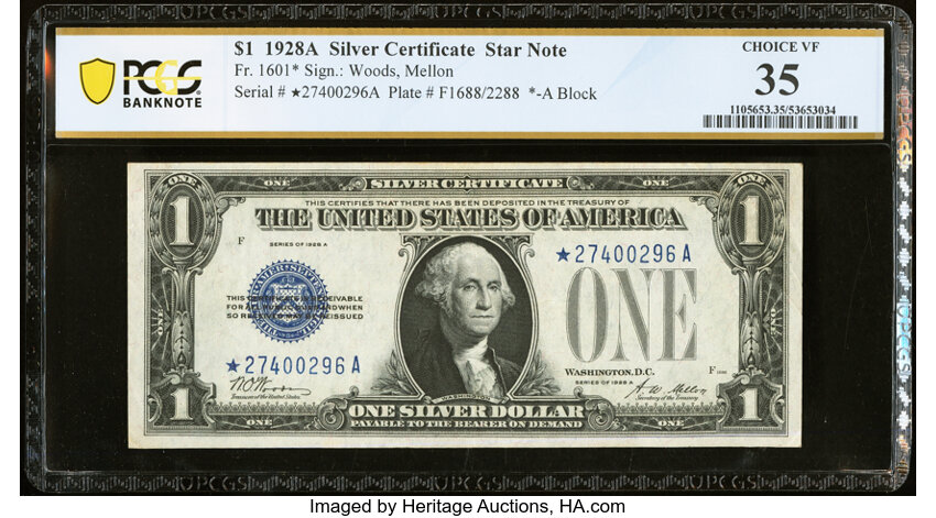 image for: Fr. 1601* $1 1928A Silver Certificate Star Note. PCGS Banknote Choice VF 35....
