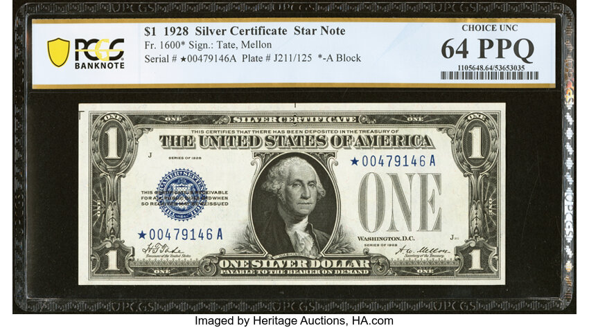 image for: Fr. 1600* $1 1928 Silver Certificate Star Note. PCGS Banknote Choice Unc 64 PPQ....