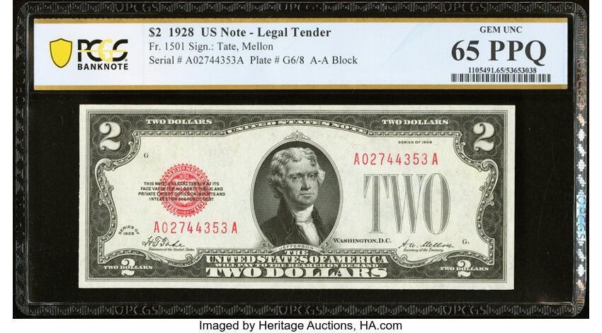 image for: Fr. 1501 $2 1928 Legal Tender Note. PCGS Banknote Gem Unc 65 PPQ....