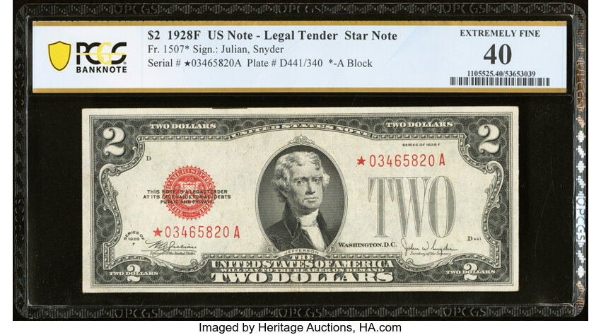image for: Fr. 1507* $2 1928F Legal Tender Star Note. PCGS Banknote Extremely Fine 40....