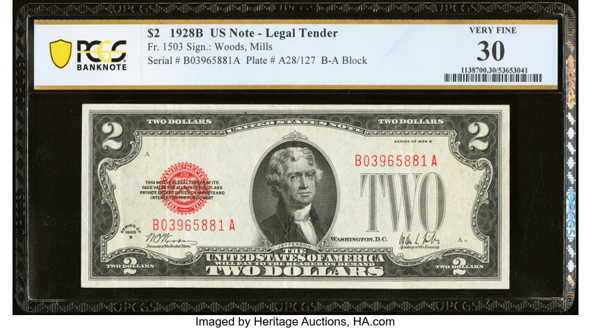 image for: Fr. 1503 $2 1928B Legal Tender Note. PCGS Banknote Very Fine 30....