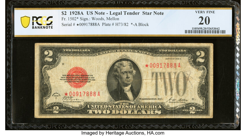 image for: Fr. 1502* $2 1928A Legal Tender Star Note. PCGS Banknote Very Fine 20....