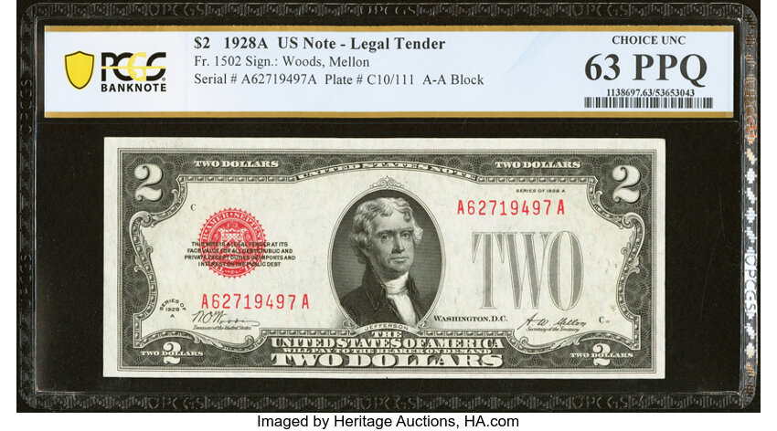 image for: Fr. 1502 $2 1928A Legal Tender Note. PCGS Banknote Choice Unc 63 PPQ....