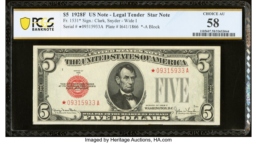 image for: Fr. 1531* $5 1928F Wide I Legal Tender Star Note. PCGS Banknote Choice AU 58....