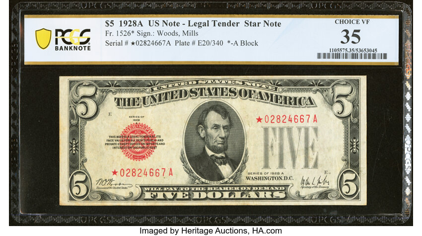 image for: Fr. 1526* $5 1928A Legal Tender Star Note. PCGS Banknote Choice VF 35....