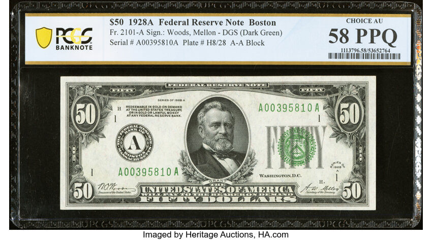image for: Fr. 2101-A $50 1928A Federal Reserve Note. PCGS Banknote Choice AU 58 PPQ....