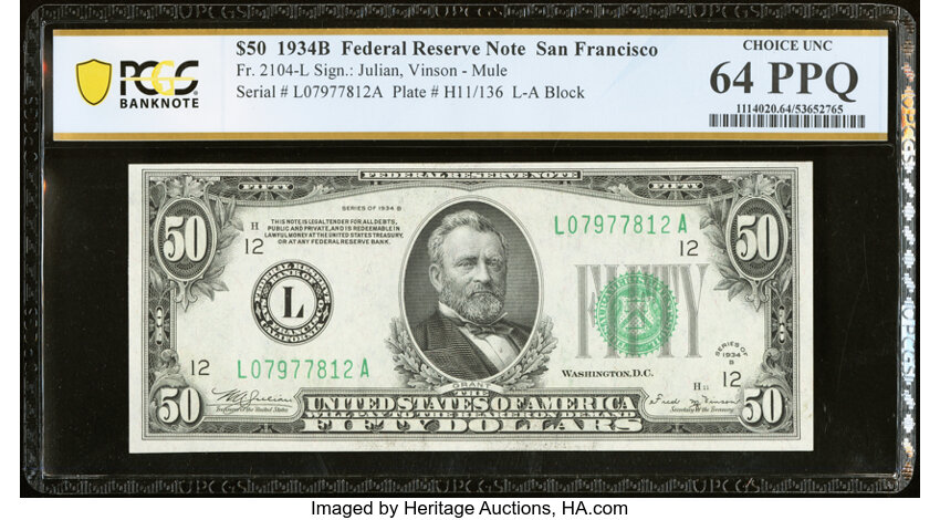 image for: Fr. 2104-L $50 1934B Federal Reserve Note. PCGS Banknote Choice Unc 64 PPQ....