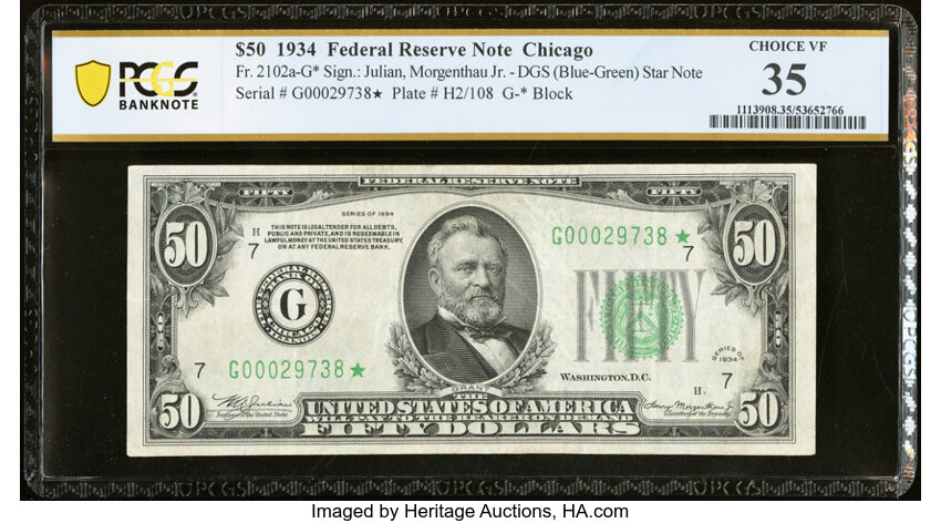 image for: Fr. 2102-G* $50 1934 Federal Reserve Star Note. PCGS Banknote Choice VF 35....