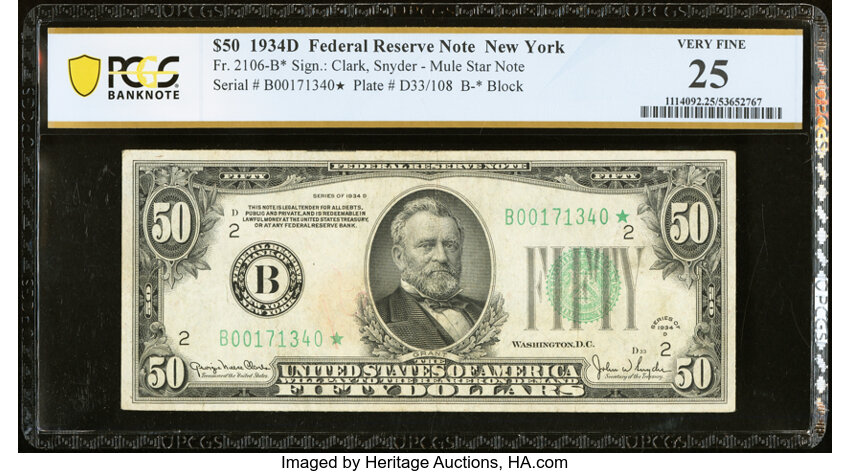 image for: Fr. 2106-B* $50 1934D Federal Reserve Star Note. PCGS Banknote Very Fine 25....