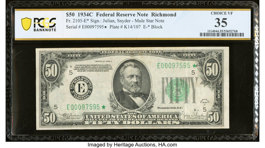 image for: Fr. 2105-E* $50 1934C Federal Reserve Star Note. PCGS Banknote Choice VF 35....
