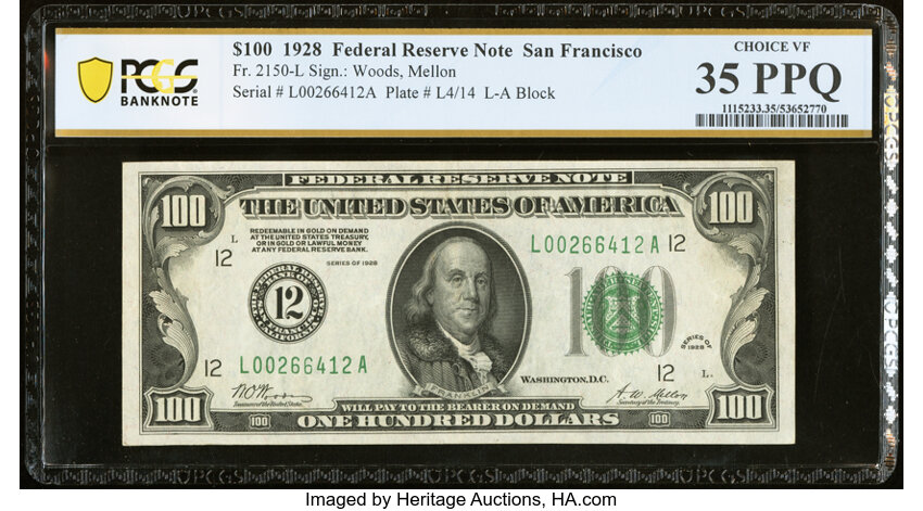 image for: Fr. 2150-L $100 1928 Federal Reserve Note. PCGS Banknote Choice VF 35 PPQ....